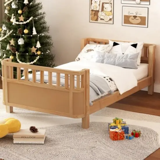 Twin/Full Wood Platform Bed Daybed with Safety Rails, Sofa Bed Low Profile Toddler Bed Frame - ModernLuxe image {1}