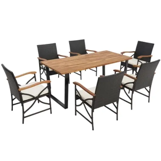 Costway 7 PCS Patio Rattan Dining Set Acacia Wood Table 6 Wicker Chairs with Umbrella Hole image {9}