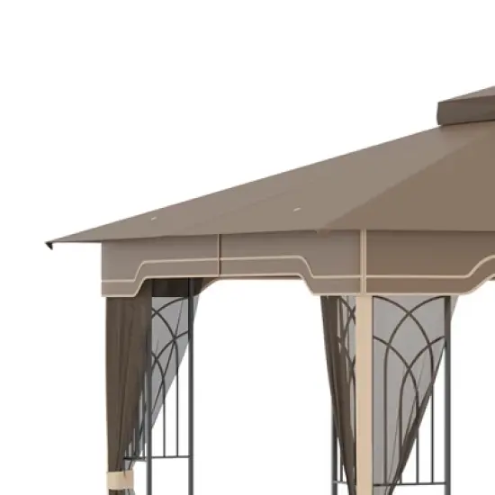 Outsunny 12' x 10' Patio Gazebo Outdoor Canopy Shelter with Double Tier Roof and Netting Sidewalls for Garden, Lawn, Backyard and Deck, Brown image {4}