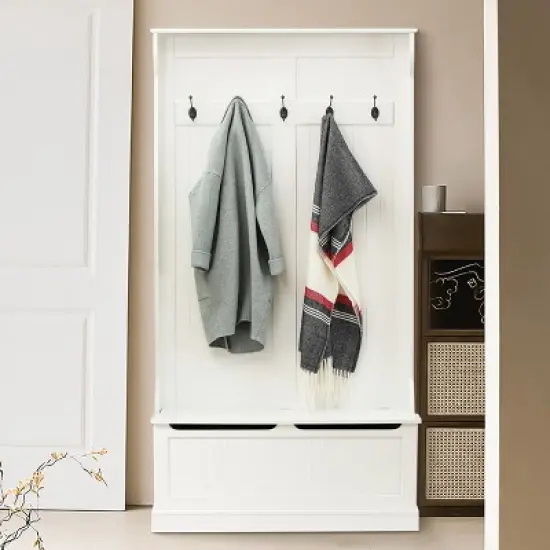 LuxenHome White MDF Hall Tree with Storage Bench image {1}