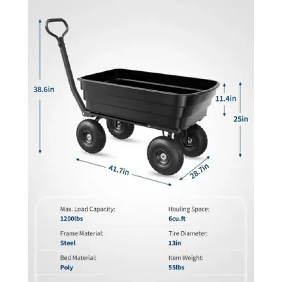 600 Lbs Poly Garden Dump Cart, Camping Beach Wagon w/180&deg; Rotating Handle, Heavy Duty Yard Carts, Quick Release Utility Wheel Barrow Trolley image {6}