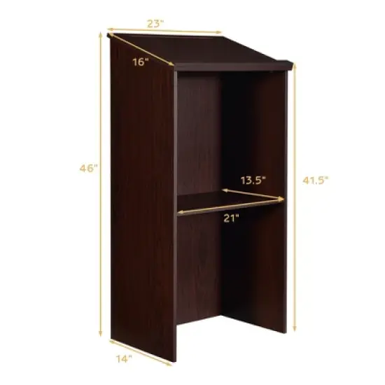 Costway Wooden Floor Standing Podium Speaking Lectern w/ Adjustable Shelf & Pen Tray & Cable Holes Brown/Black image {1}