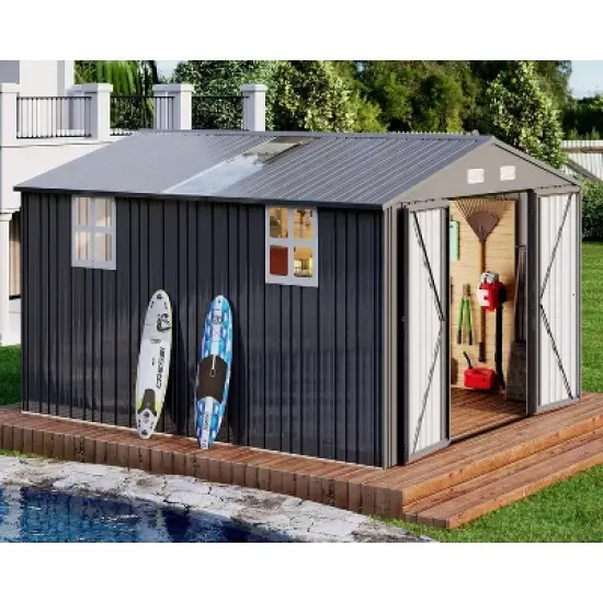 AMERLIFE 10.1x11.5x7.4 FT Galvanized Steel Storage Shed with 2 4-Pane Windows Hinged Double Doors image {8}