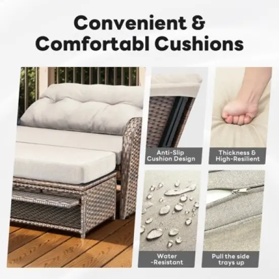 Patio Rattan Daybed Set with Cushioned Loveseat and Ottoman, Outdoor Double Chaise Lounger with 4-Level Adjustable Backrest and Retractable Side Trays image {7}