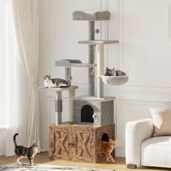 Cat Tree with Litter Box Enclosure Large, Multilevel Cat Play House with Large Condo, Spacious Hammock, Cozy Top Perch,Scratching Post,Brown image {7}
