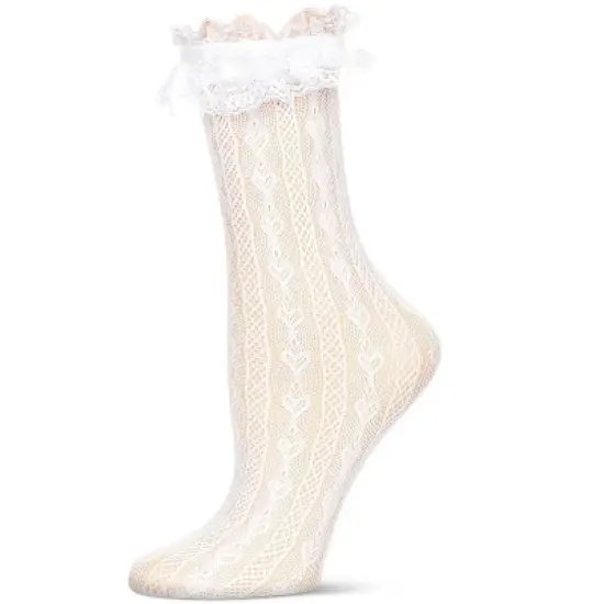 Memoi Women's Heart Vine Lace Crew Socks White 9-11 image {3}