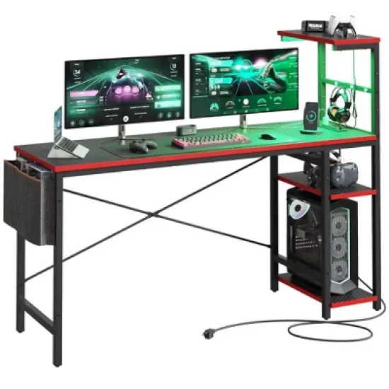 Bestier 61" Reversible Gaming Computer Desk with Power Outlet LED Desk with 4 Tier Shelves image {7}