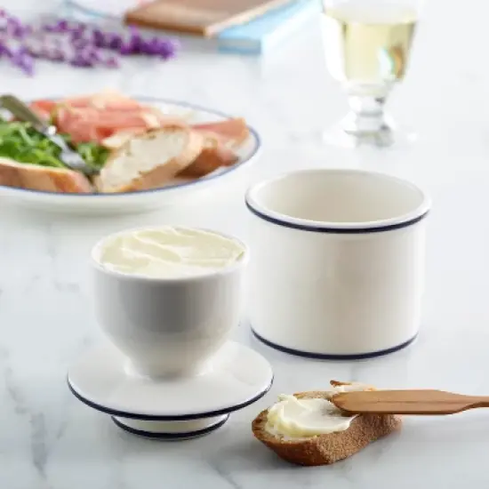 Butter Bell&reg; Crock &ndash; Le Bistro White with Blue Trim Ceramic Butter Keeper, French Caf&eacute;-Style Butter Dish for Fresh, Spreadable Butter image {1}