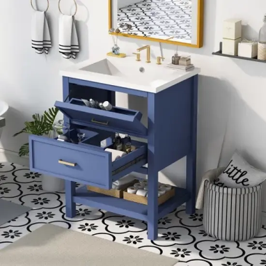 24" Bathroom Vanity with Ceramic Sink, Modern Storage Cabinet with 2 Drawers, Single Basin Vanity Top with Anti-Spill Hole - ModernLuxe image {1}