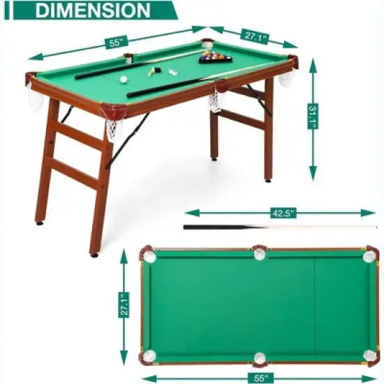 5 ft Folding Pool Table Portable Foldable Billiards Table for Kids and Adults Pool Game Table with 2 Cue Sticks 16 Balls Triangle Chalk image {1}