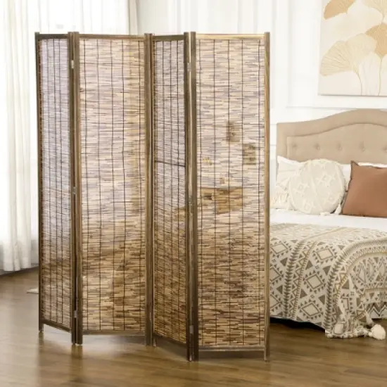HOMCOM 5.5' Tall Room Divider with Wood & Hand Woven Reed, 4 Panel Folding Privacy Screens, Portable Partition Wall Divider image {1}