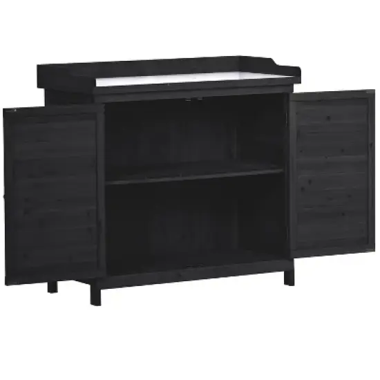 Whisen Rustic Outdoor Potting Bench Table, Garden Workstation with 2-Tier Shelves and Side Hook image {8}