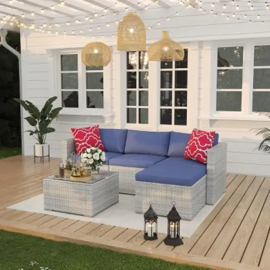 5-Piece Rattan Patio Set, All-Weather Wicker Sofa w/Glass Table and Ottoman, Anti-Slip Cushions - For Balcony, Porch, Garden image {8}