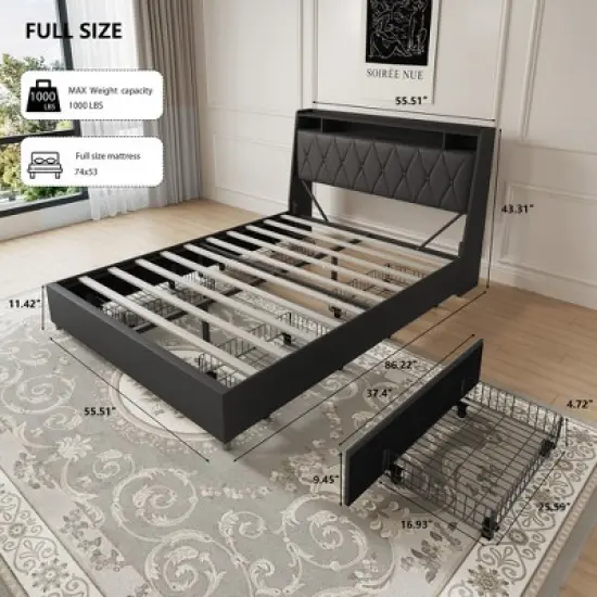 Okak Platform Bed Frame with Upholstered Storage Shelf Bed with Outlets Charger Metal Frame No Box Spring Needed Noise-Free image {2}