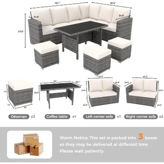 7-Piece Outdoor Patio Furniture Set &ndash; Rattan Chairs with Ottoman & Wood Coffee Table, Wicker Sectional Conversation Sofa in Beige image {6}