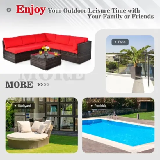 Tangkula 6PCS Wicker Patio Sectional Conversation Furniture Set with Coffee Table & Seat Cushions Red image {2}