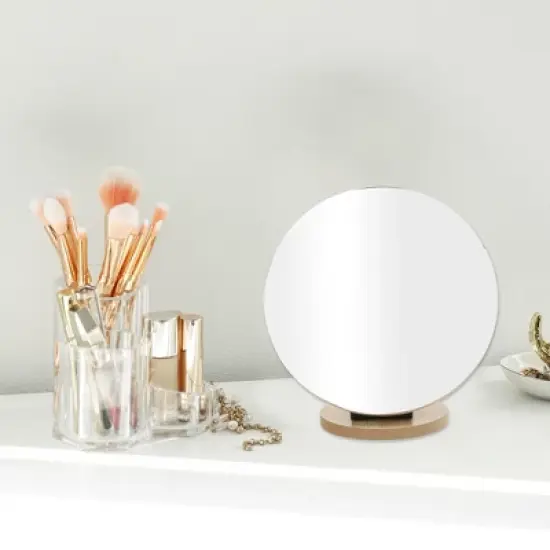 Unique Bargains Small Round Desktop Cosmetic Mirror Wood Color 1 Pc image {2}