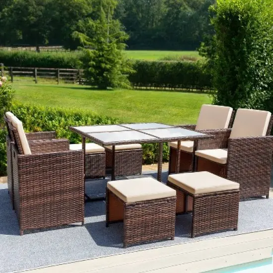 5pc Outdoor Wicker Conversation Set with Rattan Chairs & Ottomans & Tempered Glass Tables - Devoko
 image {2}
