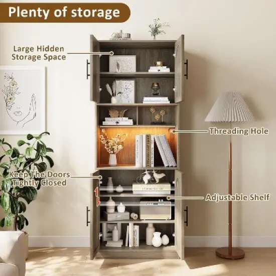 71" Pantry Cabinet, Tall Kitchen Hutch with Led Lights, Freestanding Kitchen Cabinet with Microwave Shelf, for Dining Room, Bathroom, Living Room image {4}