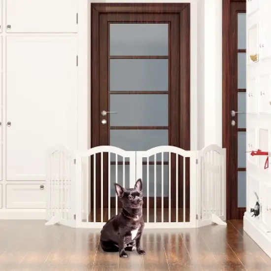 KWPZQEB Wooden Freestanding Foldable Pet Gate, 27.6" 4 Panels Step Over Fence with 2 pcs Support Feet Ideal for Stairs, Doorways, Kitchens, White image {5}