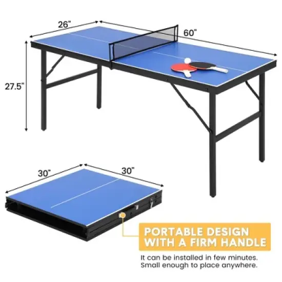 Portable Table Tennis Table, Mid-Size Foldable Ping Pong Table with Net for Indoor Outdoor image {1}