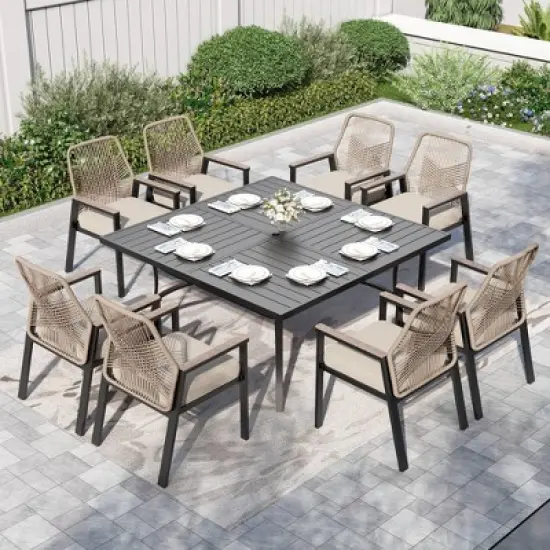 Captiva Designs 9pc Outdoor Slat-top Square Metal Dining Table and Thick Cushion Fixed Wicker Chairs image {7}