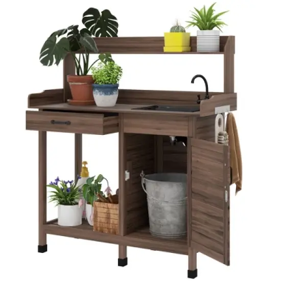 Outsunny Garden Potting Bench Table with Sink, Lockable Storage Cabinet and Open Shelf, Outdoor Planting Workstation with Steel Tabletop image {6}