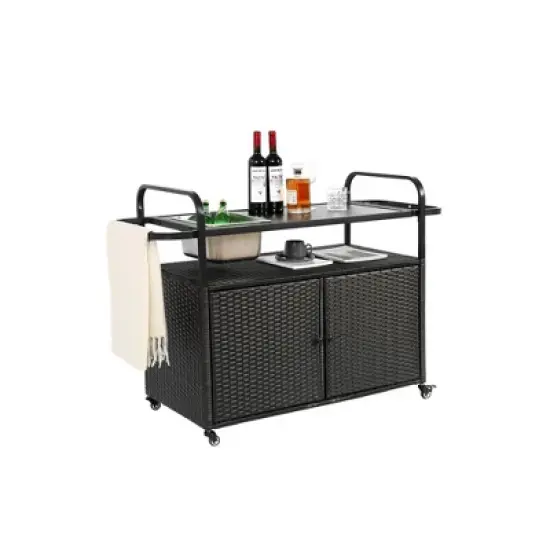 Anybear Patio Bar Table, Wicker Bar Cart with Cabinet, one ice bucket,Lockable Wheels, Side Basket for Garden, Poolside & Backyard, Black image {2}