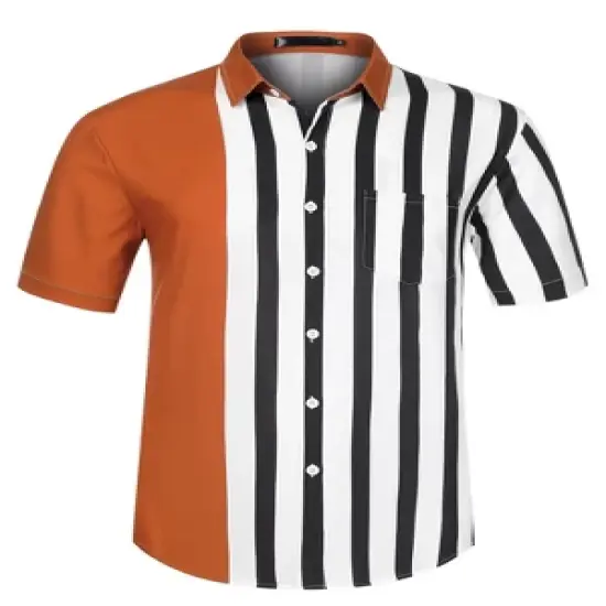 Lars Amadeus Men's Summer Hawaiian Short Sleeves Button Down Color Block Stripe Patchwork Shirts image {6}