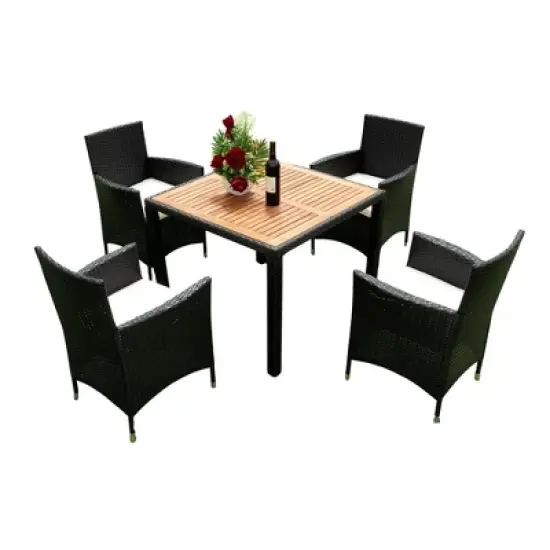 YOOCOZZ Outdoor Patio Weatherproof Wicker Rattan Dining Set with Acacia Wood Tabletop - Black+Cream image {5}