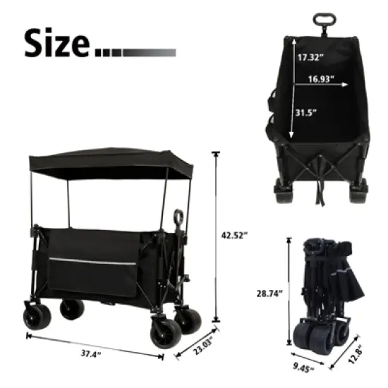DSVIMOY Collapsible Foldable Extended Wagon with Canopy, Beach Wheels & Drink Holders and Side Pocket, Black, 37.4"*23.03"*42.52" image {2}