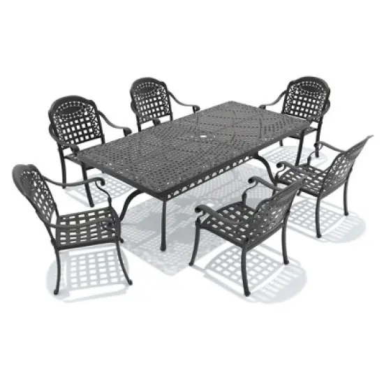 7-Piece Durable Cast Aluminum Outdoor Dining Set - Rectangle Table & Stackable Chairs Comfortable Blue Cushions - Perfect Patio & Backyard Furniture image {2}