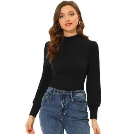 Allegra K Women's Mock Neck Puff Long Sleeve Slim Fit Knit Blouse image {5}