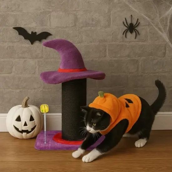 FURNIinspire Pet Tower Halloween Cat Tree Wizard Hat Cat Scratching Post, Cute Cat Toys Kitten Pet Furniture Indoor, Purple, 15.8"*11.8"*23.6" image {1}