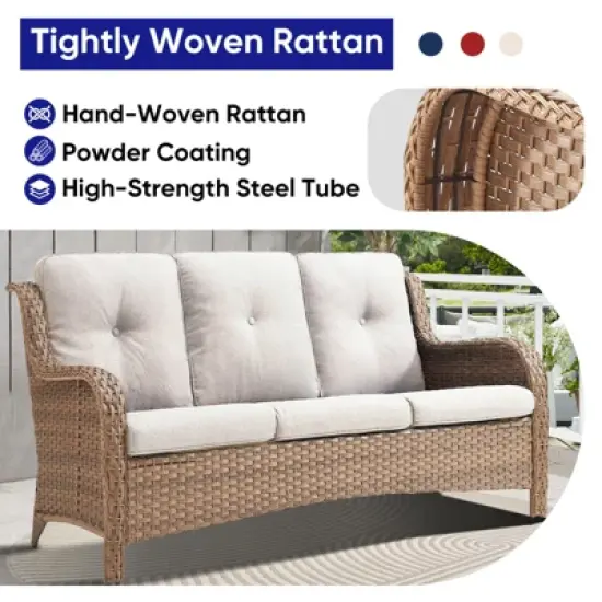 POCASSY 74" Wide Outdoor Sofa Patio Couch, All Weather Yellow Wicker 3-Seater Outdoor Furniture Sofa with Comfort Thick Cushion for Porch Deck Balcony image {4}