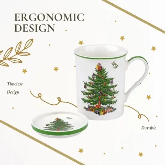 Spode Christmas Tree 14 oz Mug & Coaster Set - Ceramic Mug with Coaster - Fine Porcelain, Dishwasher & Microwave Safe - Mug & Coaster Gift Set image {5}