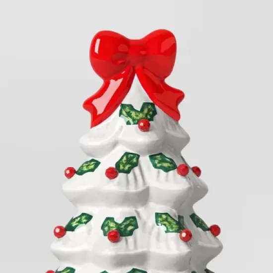 12" Lit Ceramic White Christmas Tree with Red Bow - Wondershop&trade; image {3}