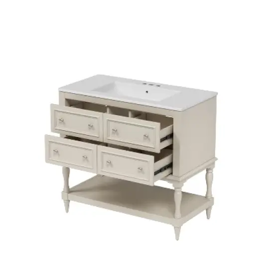 36" Bathroom Vanity with Undermount Ceramic Sink, Free-Standing Bathroom Cabinet with 4 Drawers, Solid Wood Frame, Beige/Black/White - ModernLuxe image {7}