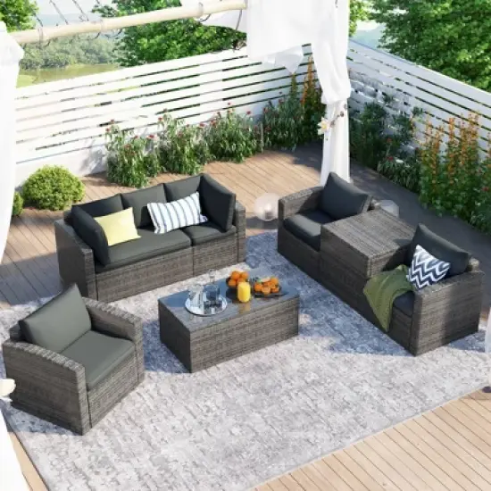 7pc Wicker Patio Seating Set with Storage Box - Gray - GODEER image {1}