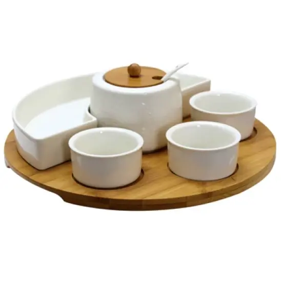 8pc Stoneware Party Serving Set White - Elama: Bamboo & Stoneware, Microwave & Dishwasher Safe, Includes Condiment & 4 Bowls image {3}