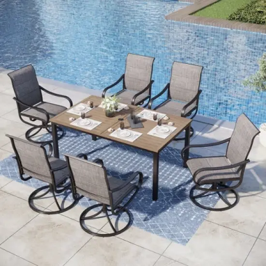 Captiva Designs 7pc Outdoor Patio Rectangle Metal Dining Table & Grayish Brown Textilene Swivel Chairs image {15}
