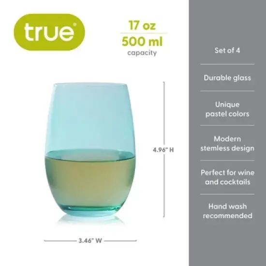 True Vino Decorative Drinking Glasses Wine Tumblers, Wine Glasses Colorful, Stemless Wine Glasses Set of 4 18.5oz Multicolor image {2}