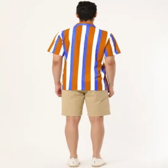 Lars Amadeus Men's Summer Stripe Printed Regular Fit Short Sleeves Button Closure Color Block Shirts image {4}