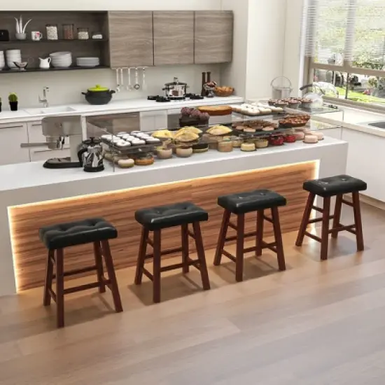 Costway Set of 2 Upholstered Barstools 24''/29'' Backless Rubberwood Dining Chairs Black&Brown image {4}