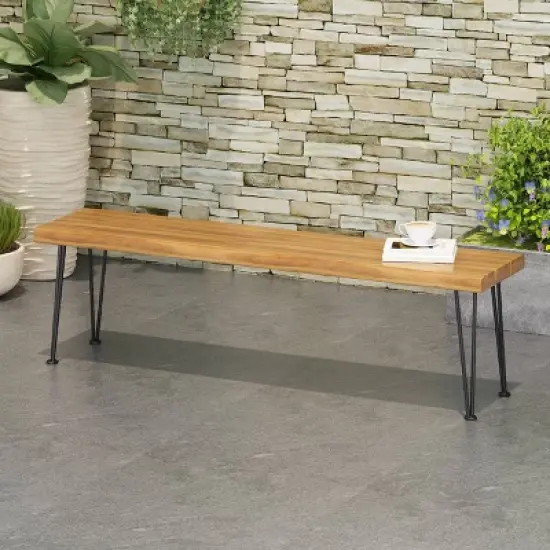Zion Acacia Wood Modern Industrial Bench - Teak - Christopher Knight Home image {1}