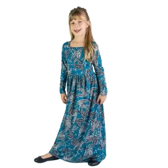 24seven Comfort Apparel Girls Blue Paisley Long Sleeve Pleated Maxi Dress image {4}