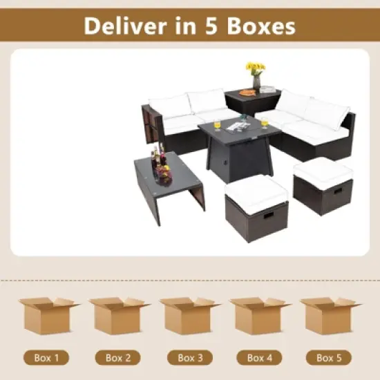 Tangkula 9PCS Outdoor Patio Furniture Set with 30" Propane Fire Pit Table PE Wicker Space-Saving Sectional Sofa Set w/ Storage Box & Cushions image {3}