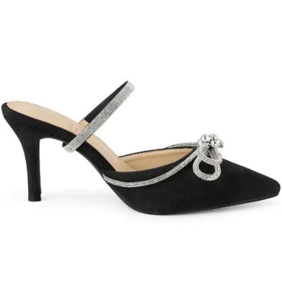 Perphy Pointed Toe Rhinestones Bow Stiletto Heel Slip on Mules for Women image {3}