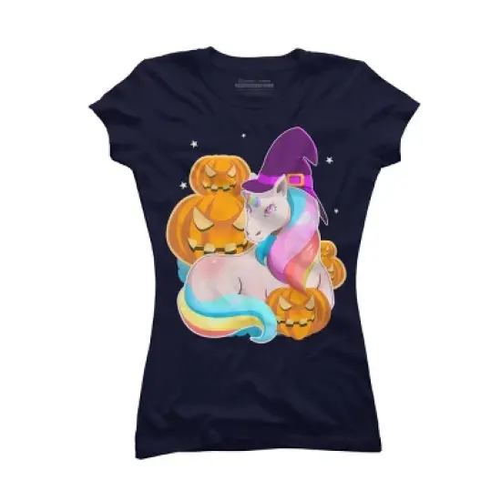 Junior's Design By Humans Cute Unicorn With Jack O Lantern Halloween T Shirt By thebeardstudio T-Shirt image {5}
