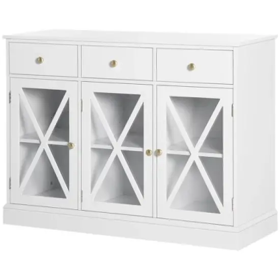 HOMCOM 45" Farmhouse Style Kitchen Sideboard, Serving Buffet Cabinet, Storage Cupboard with Glass Doors and 3 Drawers, White image {3}